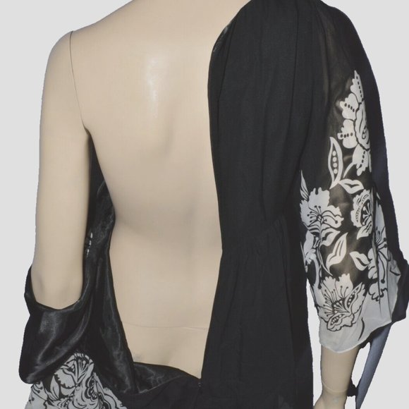 DONNA MORGAN SZ 8 M MEDIUM 100% SILK BLACK WHITE FLORAL HIGH WAIST DRESS - Picture 8 of 10
